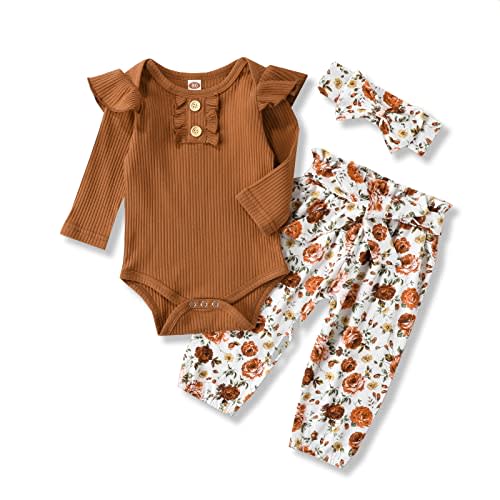 Kislio Newborn Baby Girls Clothes Ribbed Ruffled Romper+Floral Pants+Headband Infant Outfit Set