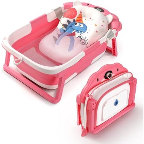 Baby Bathtub Collapsible with Thermometer & Cushion, Portable Travel Tub