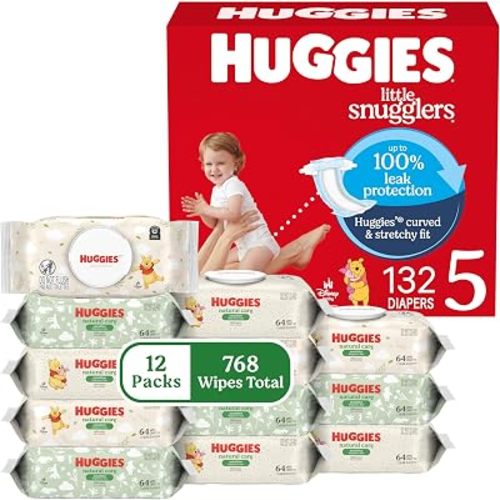 Huggies Little Snugglers Baby Diapers with Huggies Natural Care Sensitive Baby Wipes, Size 5 (27+ lbs), 132 Diapers & 768 Wipes, Packaging May Vary