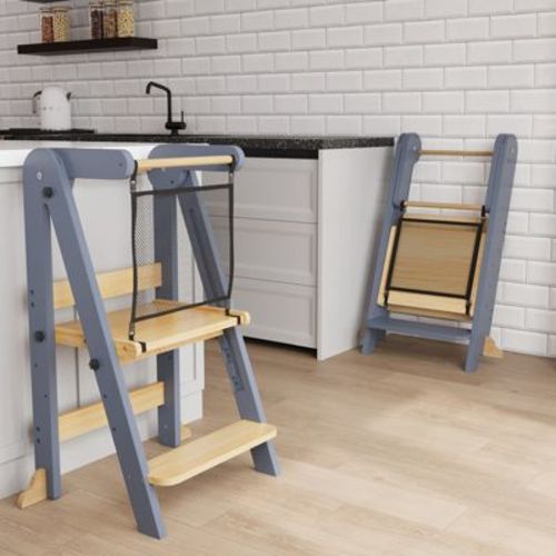 TinyHomie Foldable Toddler Kitchen Tower, 3 Adjustable Height Wooden Learning Stool, Standing Tower with Safety Net for Kitchen Bathroom