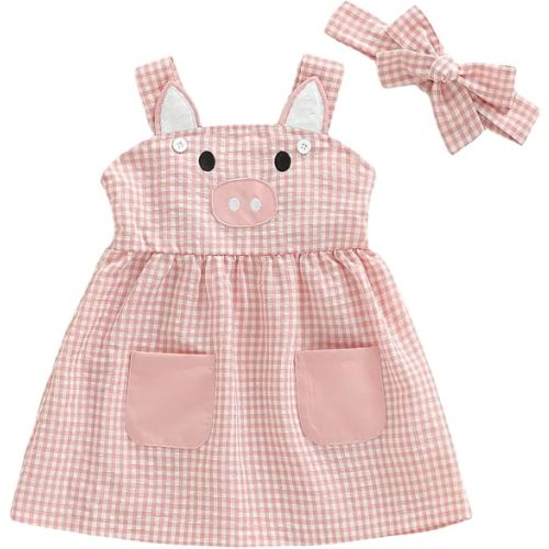 Toddler Baby Girl Pig Dress Farm Animal Clothes Piggy Embroidery Sleeveless A Line Plaid Summer Dress Headband