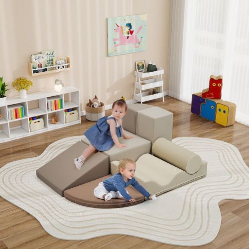 Whisen Kids Soft Play Foam Climbing and Crawling Set with Anti-Flip Design, Indoor Playground Toy Gift for Toddlers - Brown