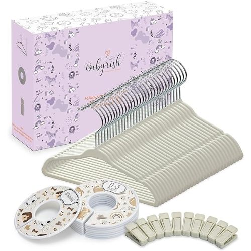 Velvet Baby Hangers with 10x Clips and 8X Dividers (30 Pack) | 11” Ultra-Slim Baby Clothes Hangers | Non-Slip Felt | Space-Saving Nursery & Infant Closet Organizer | Beige