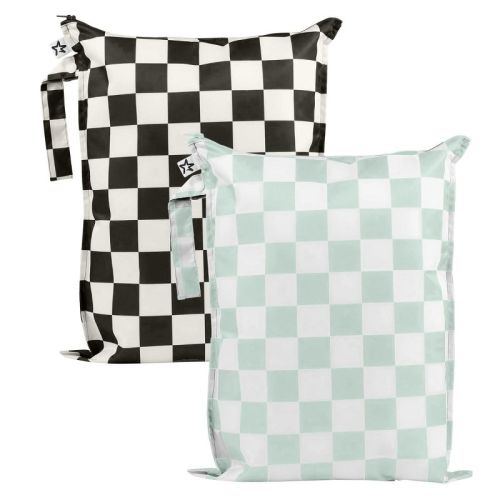 Tiny Twinkle Mess-Proof Waterproof Washable Baby/Toddler Wet Bags for Diapers, Swimsuits and Travel (Black, Green Checkers)