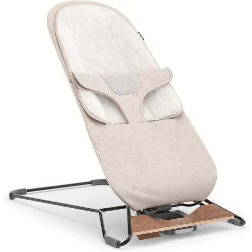 UPPAbaby Mira Bouncer/Portable 2-in-1 Bouncer + Seat Grows With Your Baby/GREENGuard® Gold, JPMA + FSC® certified/Cozy Seat Liner + Storage Bag Included/Charlie (Sand Mélange/Black Chrome/Walnut Wood)