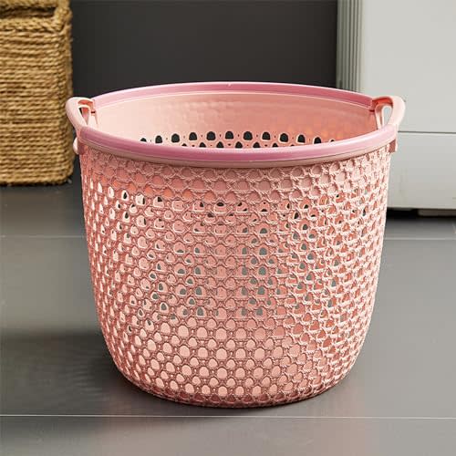 Flexible Laundry Basket with Handles, Portable Round Bin, Plastic Laundry Basket Storage Hamper, Portable Dirty Hollow Clothes Basket, Dirty Clothes Storage Basket Large clothes Rack (Pink)