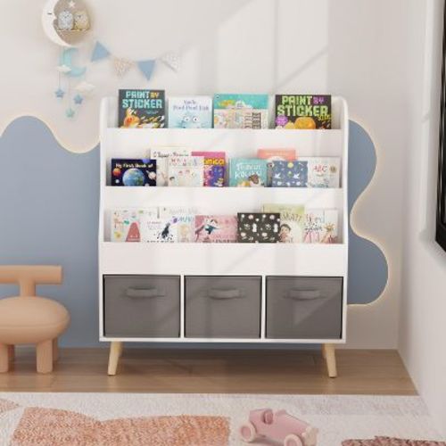 CAVINAS Kids Bookshelf with 3 Fabric Storage Bins,Wooden Bookcase with Front-Facing Display,Book Shelf Organizer for Nursery&Playroom,White