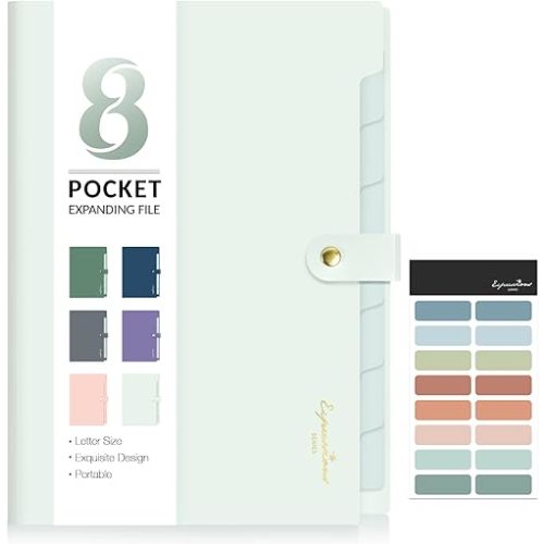 Sooez Elegant Accordion File Organizer, 8 Pocket Expanding File Folders with Labels, Portable Folder for Documents, Cute Paper Organizer for School Office Supplies, Letter Size, Light Green