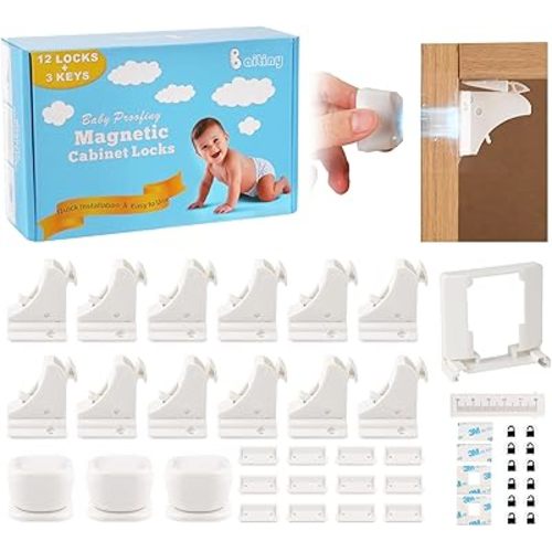 Magnetic Cabinet Locks for Baby Proofing, 12 Pack with 3 Keys