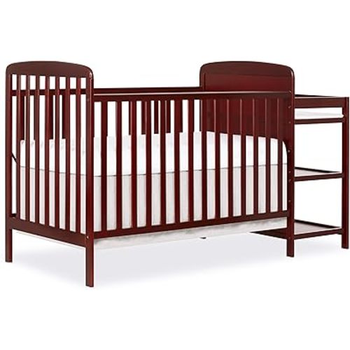 Dream On Me Anna 3-in-1 Convertible Full-Size Baby Crib & Changer with Storage in Cherry, GreenGuard Gold & BSA, Pinewood, Converts to Day & Toddler Bed, 3 Mattress Heights, 1″ Changing Pad