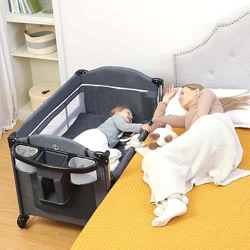 Baby Bedside Sleeper, Portable Bedside Crib with Mattress, Grey Bedside Bassinet, Pack and Play Baby Crib from Newborn to Toddlers(Grey)