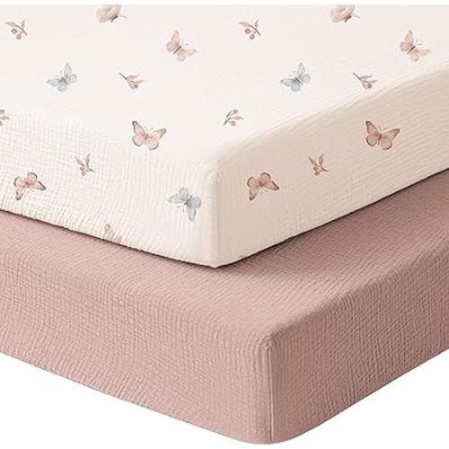 Konssy Muslin Mini Crib Sheets, 100% Soft Cotton Pack and Play Sheets for Pack N Play Mattress, Playard Baby Crib Sheets for Baby Girls(Taupe,Butterfly Dreams)