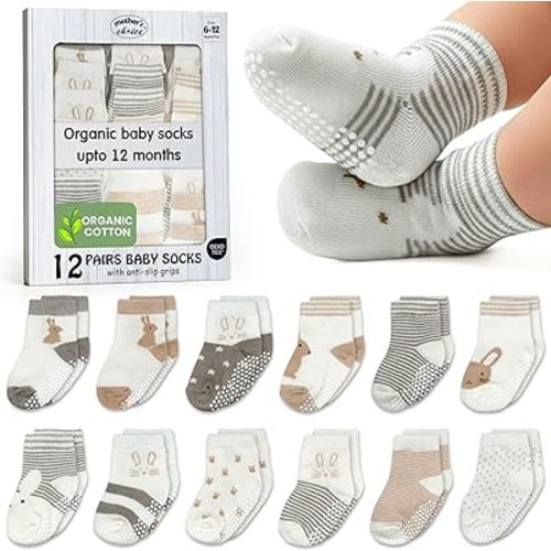 Mother's Choice Organic Cotton Baby Socks 6-12 Months - 12 pairs Soft and Cozy Infant Grip Socks, Gentle Newborn Socks, Perfect For Baby Registry Sock For Everyday Comfort For Infant