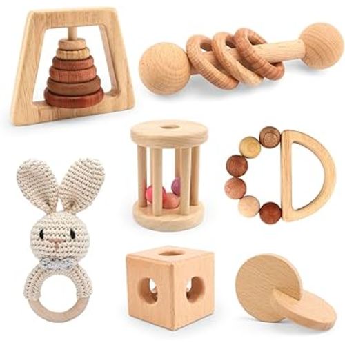 Wooden Baby Rattle, 7PCS Wooden Baby Toys for Babies 18-36 Months, Wood Montessori Toys with Crochet Rabbit Rattle for Infant Grasping, Gift for Baby Girls Boys