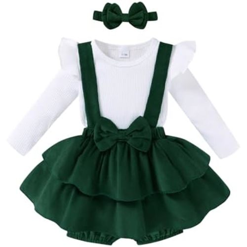 YOUNGER TREE Baby Girl Clothes Winter Outfit Long Sleeve Romper Newborn Fall Corduroy Suspender Skirt Set with Headband
