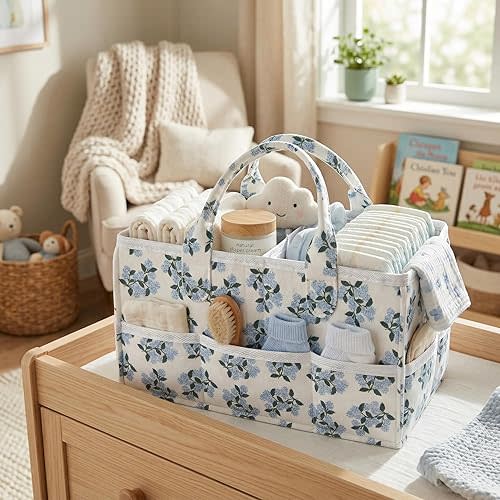 birowtec Floral Diaper Caddy Organizer with Removable Dividers Blue Flower Baby Nappy Caddy for Nursery/Car/Changing Table, Decorative Storage for Newborn Essentials Gift for New Mom
