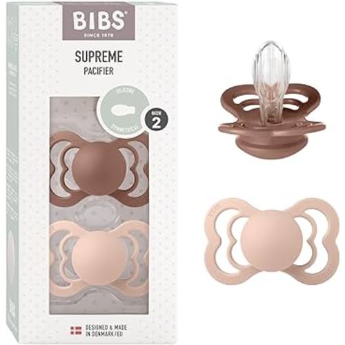 BIBS Pacifiers - Supreme Collection | Symmetrical Nipple | Silicone | Made in Denmark | Set of 2 Woodchuck/Blush Color Premium Soothers | Size 6-18 Months