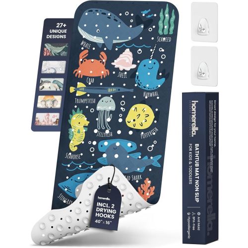 Bath Tub Mat Non Slip Anti Mold for Kids BPA Free INCL Hooks - homerella® Ocean Sea Animals 40x16, Baby Bath Mat Non Slip 200 Suction Cups, Non Toxic Machine Washable Toddler Bath Mat, EU Certified