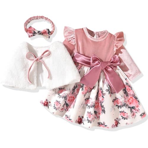 fioukiay Baby Girls Dress and Velvet Cardigan Sets Infant Girls Casual Floral Print Fall Dresses Winter with Headband