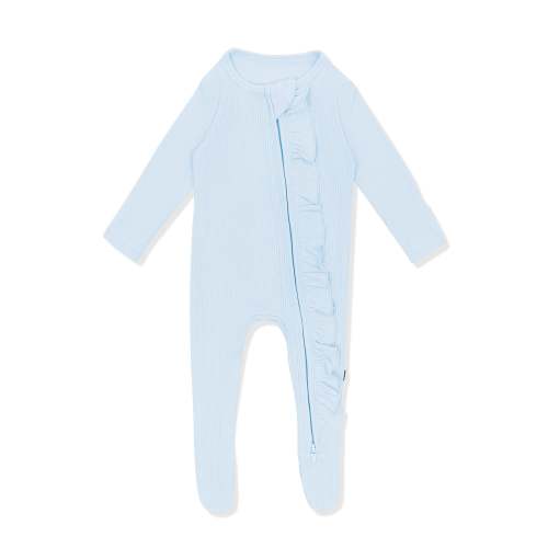 Ribbed Ruffle Zipper Footie in Breeze