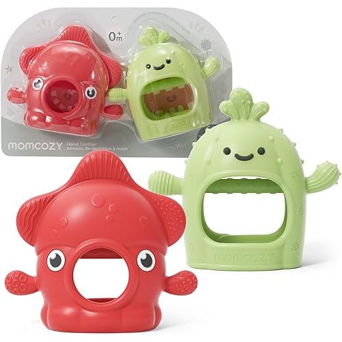 Momcozy 2 Pack Baby Teething Toys, Food Grade Silicone Baby Teethers for 0–12 Months, Baby Teether Mitten Wrist Teether Set, Easy Grip Teething Relief with Multiple Chew Points, Red&Grass Green