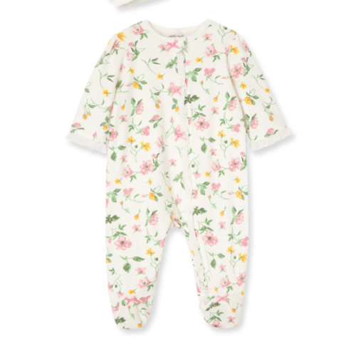 Floral Leaf 2-Way-Zip Footed One-Piece And Hat
