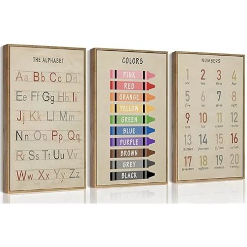 3Pcs Nursery Educational Wall Art Preschool Education Letter Number Poster Painting Pictures Wall Decor Canvas Prints artwork for Classroom Baby Boy's Baby Girl's Room Home Decoration Unframed