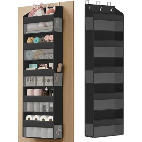 SONGMICS Over-the-Door Organizer, 5-Tier Door Hanging Storage Shelf, Heavy-Duty Closet Hanging Organizer Foldable, Transparent, Pockets, Metal Hooks, Ink Black URDH010BH01