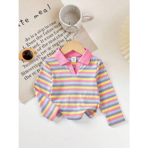 SHEIN LMoss Kids Babygirl Collared Striped Cropped Fitted T-Shirt, Girls Autumn Casual Wear Baby Collar Striped Shirt Toddler Girl Long Sleeve Knit Shirt Rainbow Warm Clothes Baby Girl Toddler Rainbow Top Toddler Striped Shirt Fashion | SHEIN USA