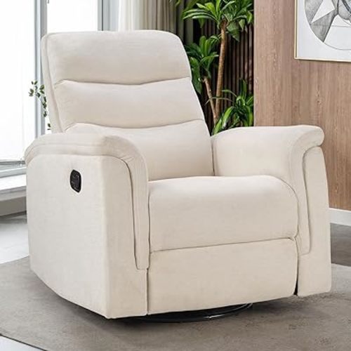 INZOY Swivel Rocker Recliner, Nursery Glider Chair, Manual Chairs Swivel Glider Recliners with Soft Backrest, Fabric Manual Reclining Sofa for Living Room Bedroom Apartment, Beige