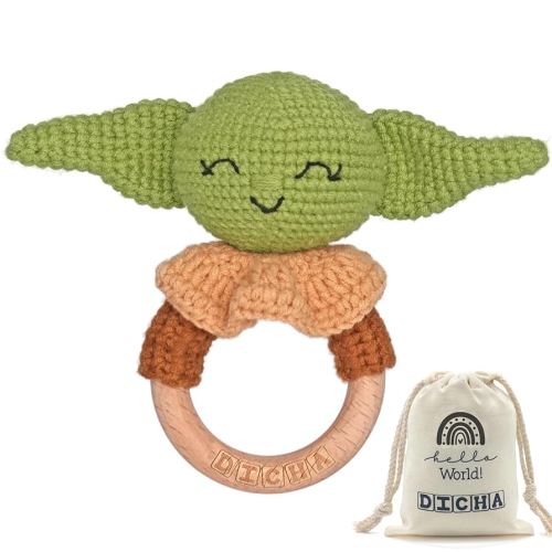 DICHA Wooden Baby Rattle-Crochet Baby Rattle- Infant Rattle Sensory Development Wooden Toys Set-Includes Beech Wooden Teething Ring- Baby Teether Green Alien Style