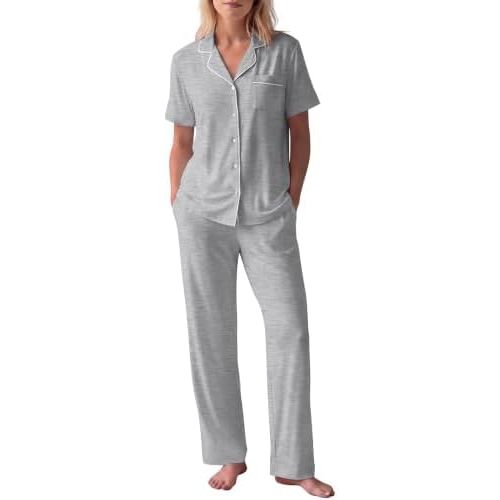 Women Pajamas Set 2 Piece Button Up Pajamas Pant and Short Sleeve Shirt for Woman Pj Sets with Pocket