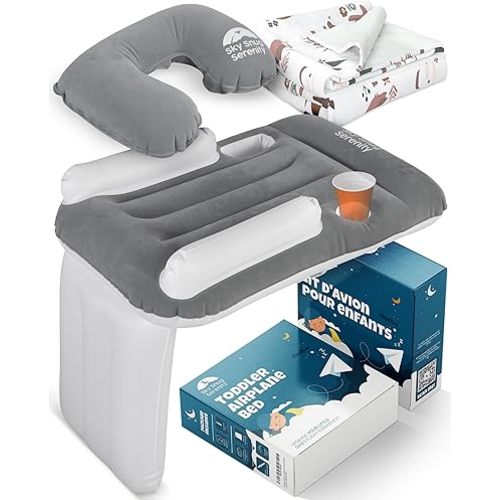 Toddler Airplane Bed - Inflatable Airplane Bed for Kids with Blanket & Neck Pillow Included - Fits All Seats, with Cup Holder - Comfortable and Durable - Easy to Inflate Deflate and Clean
