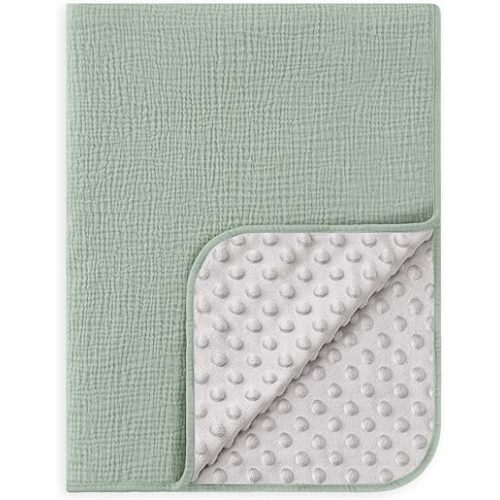 Susurration Baby Blanket for Unisex Boys Girls, Soft Nursery Minky Blanket with Muslin Cotton Front and Dotted Fleece Back, Receiving Blanket for Baby Newborn Infant, 30x40inch (Green)