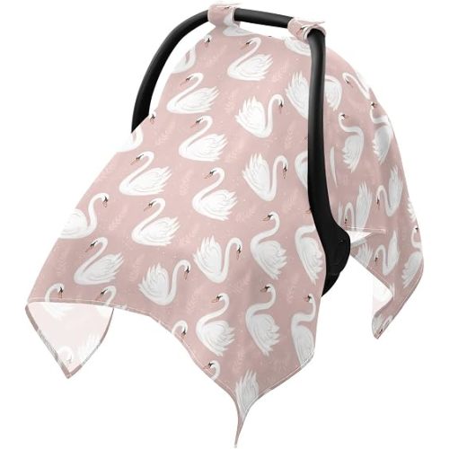 Elegant Swans Pink Pattern Baby Car Seat Cover Breathable Infant Car Seat Cover for Babies Lightweight Carseat Canopy Muslin Cotton Baby Carrier Covers for Girls Boys