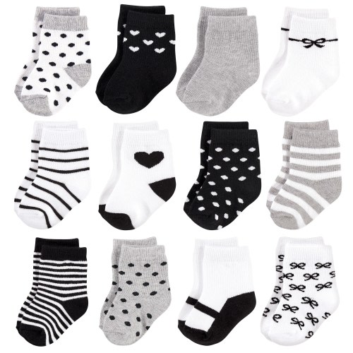 Hudson Baby Infant Girl Cotton Rich Newborn and Terry Socks, Girls Gray Black