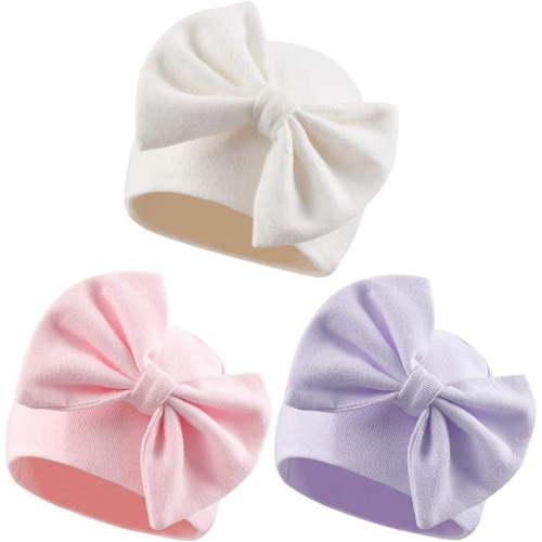 Newborn Baby Girl Hat Cotton Baby Bow Beanie Preemie Hats Spring Infant Hats for Girls 0-12 Months