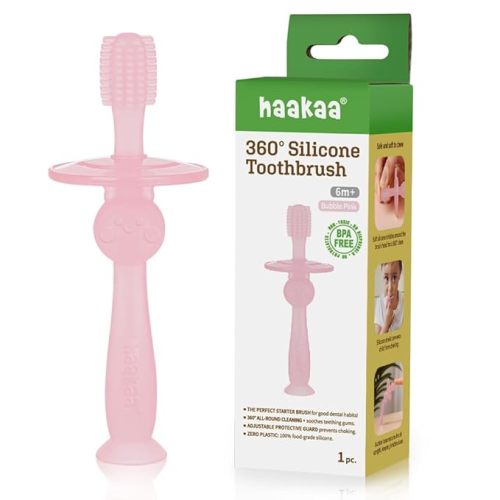 haakaa 360° Silicone Baby Toothbrush – 100% Soft Food Grade Silicone, BPA-Free, Suction Base, Safe for Babies 6 Months+, Gentle Gum and Teeth Cleaning for Infants, Gum Massager (Bubble Pink)
