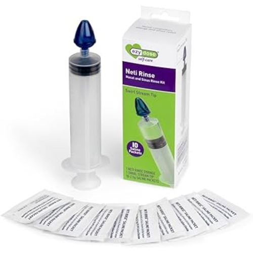 EZY DOSE Sinus and Allergy Relief Syringe, Nose Rinse for Home or Travel, Nasal Irrigation for Sinus Pressure and Congestion Relief, Easy to Use, Includes 10 Saline Packets, BPA Free