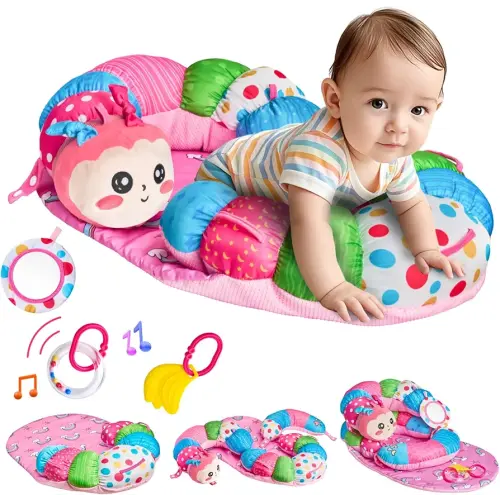 3-in-1 Caterpillar Tummy Time Pillow for Baby 0-6 Months, Detachable Tummy Time Playmat Newborns, Sensory Toys & Soft Baby Toys for Babies 0-3-6-12 Months, Non-Slip Play Mat(PINK)