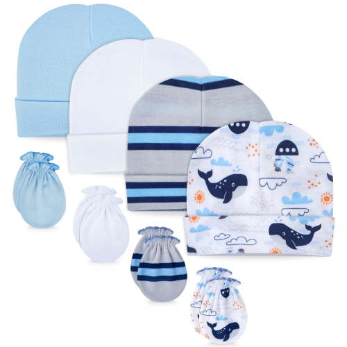 RATIVE Newborn Baby Mittens and Hats Set Cotton Gloves No Scratch Mittens for 0-6 Months Boys Girls (4-Ocean Blues(mittens+hats))
