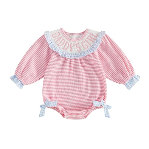 Newborn Baby Girl Fall Outfit Plaid Stripe Romper Letter Embroidery Side Bow Long Sleeve Jumpsuit Infant Clothes