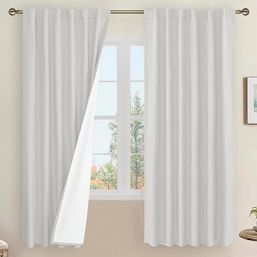 LAMIT Light Grey 100% Blackout Linen Curtains, 63 Inches Linen Textured Thermal Bedroom Curtains Back Tab and Rod Pocket Burlap Panels with White Liner for Farmhouse, 2 Panels, 52 x 63 Inch