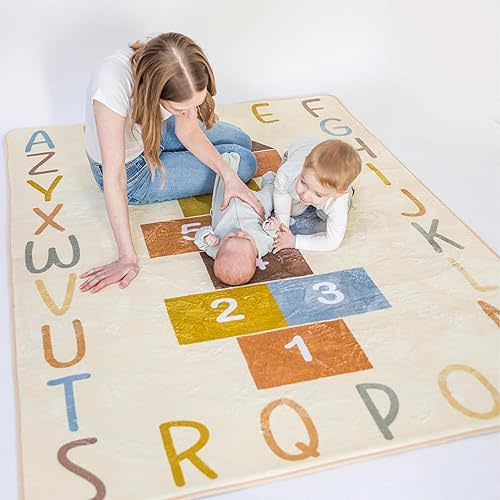 Kids Playroom Rug – Washable Hopscotch Alphabet & Numbers Carpet | Large 4.6' x 6.5' Non-Slip Toddler Play Mat | Educational ABC Area Rug for Classroom, Nursery & Neutral Home Décor