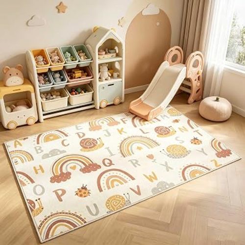 LIVEBOX Washable Kids Rug for Playroom, 3x5 Boho Rainbow Alphabet Rug for Kids Room, Non Slip Nursey Carpet Decor Rugs (Orange,3x5)
