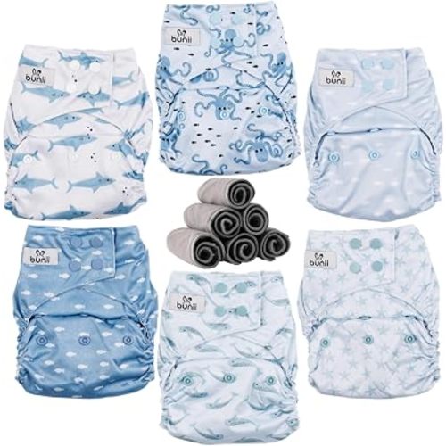 Bunii Cloth Diaper 6-Pack - Reusable Adjustable Pocket Diaper (Ocean Animals)