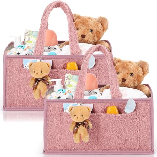 Teenyyou 2 Pcs Large Baby Diaper Caddy Organizers Christmas Gift Bags Nursery Diaper Storage Bin with Handle Doll Ornament for Holiday Favor Changing Table Car New Mom(Pink)
