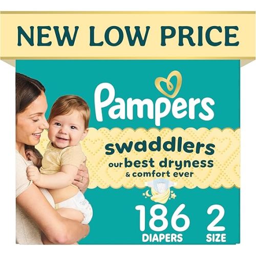 Pampers Swaddlers Diapers, Size 2 (10-22 lbs), 186 Count, Hypoallergenic, Absorbent, Keeps Baby Dry and Comfortable, Skin Safe Disposable Baby Diaper