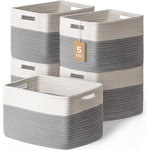 Yilobi 5 Pack Woven Storage Baskets for Shelves, Decorative Basket Organizer Storage Bins for Toys, Books, Clothes, Closet, Nursery, Bathroom – Cotton Rope Shelf Baskets for Organizing, Khaki & White