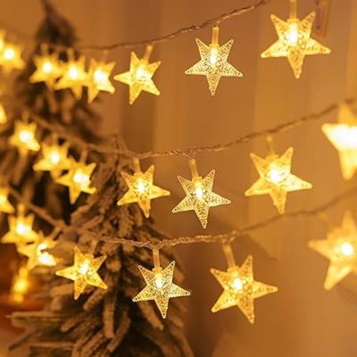 Star String Lights Twinkle Lights Battery Operated, 17 ft 50 LEDs Classroom Decor Fairy Lights, String Lights Battery Powered for Kids Bedroom Wedding Mantel Patio Dorm Decor, Warm White